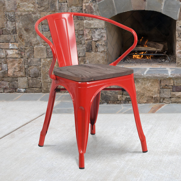 Red Metal Chair with Wood Seat and Arms