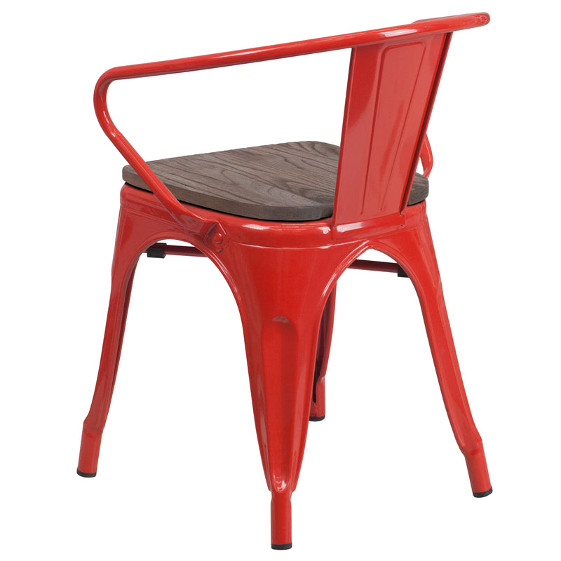 Red Metal Chair with Wood Seat and Arms