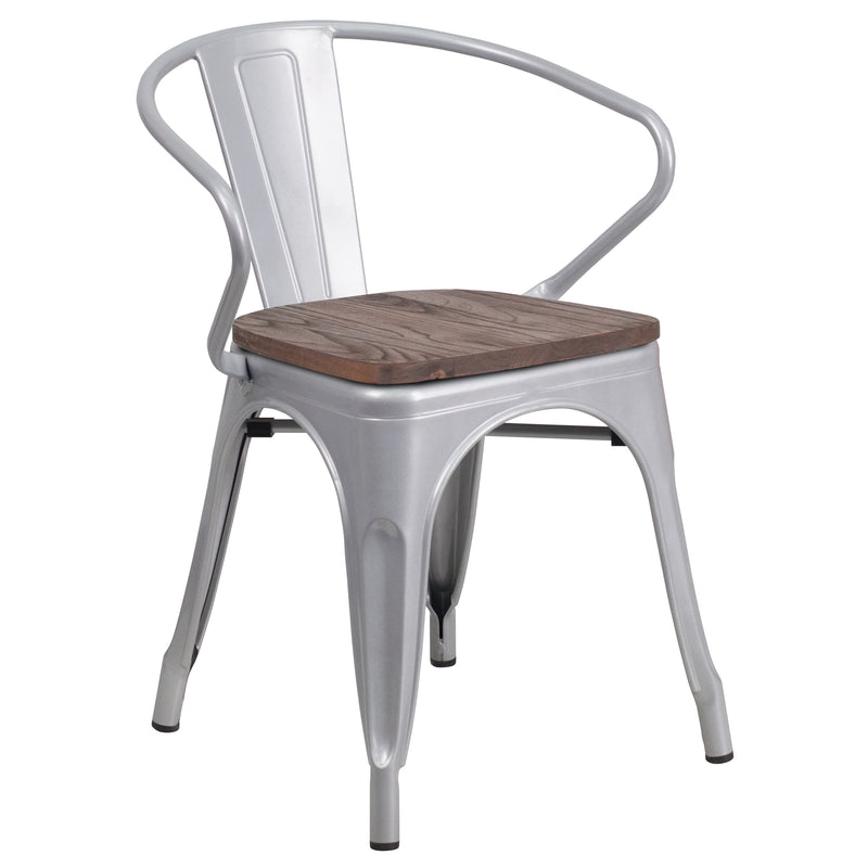 Silver Metal Chair with Wood Seat and Arms