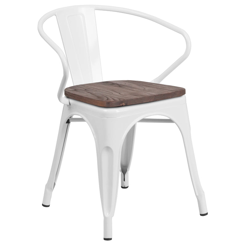 White Metal Chair with Wood Seat and Arms