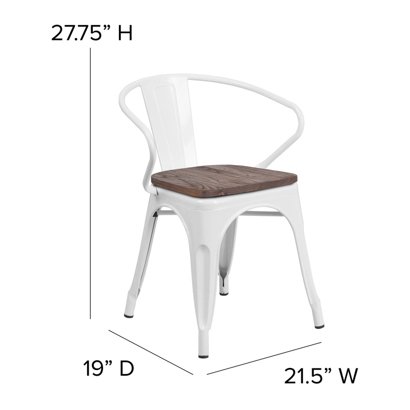 White Metal Chair with Wood Seat and Arms