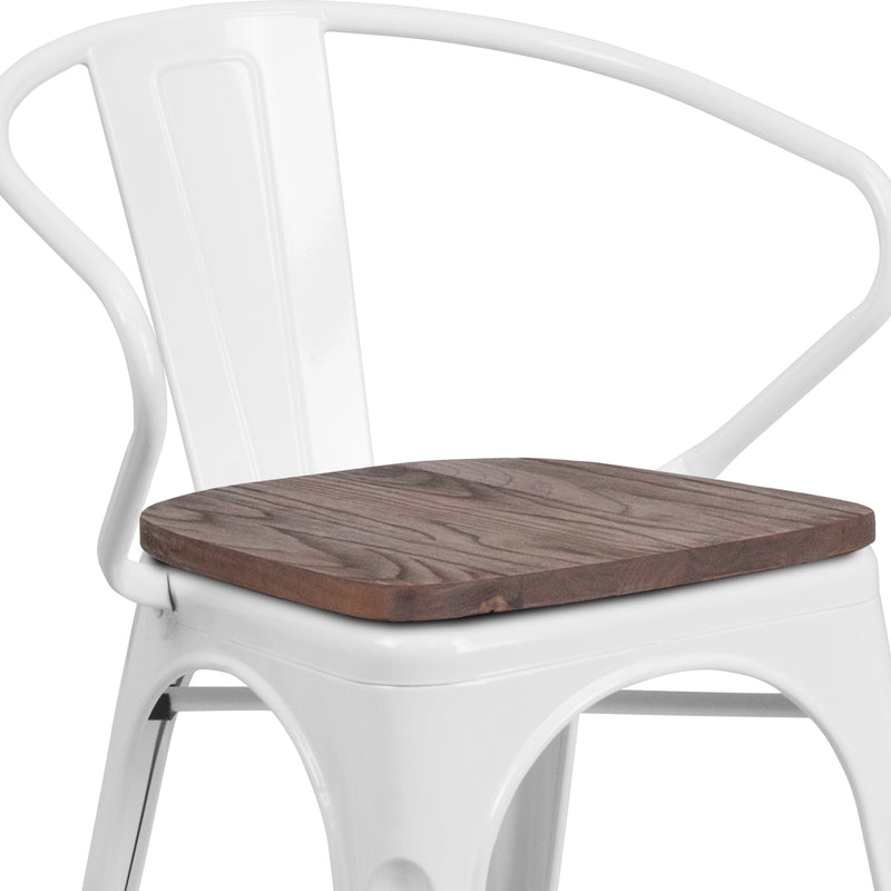 White Metal Chair with Wood Seat and Arms