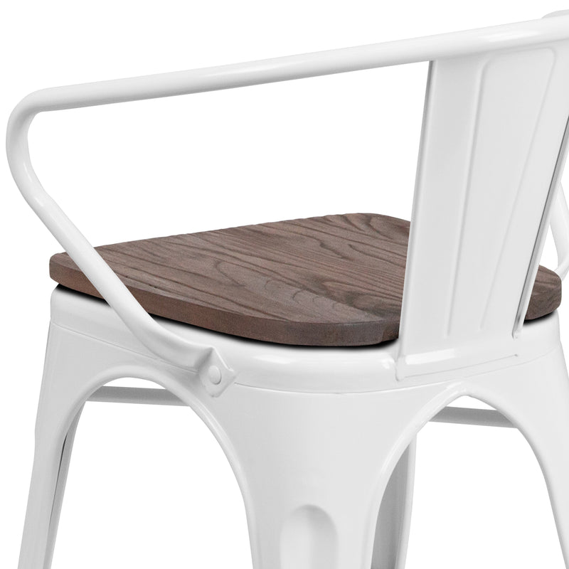 White Metal Chair with Wood Seat and Arms