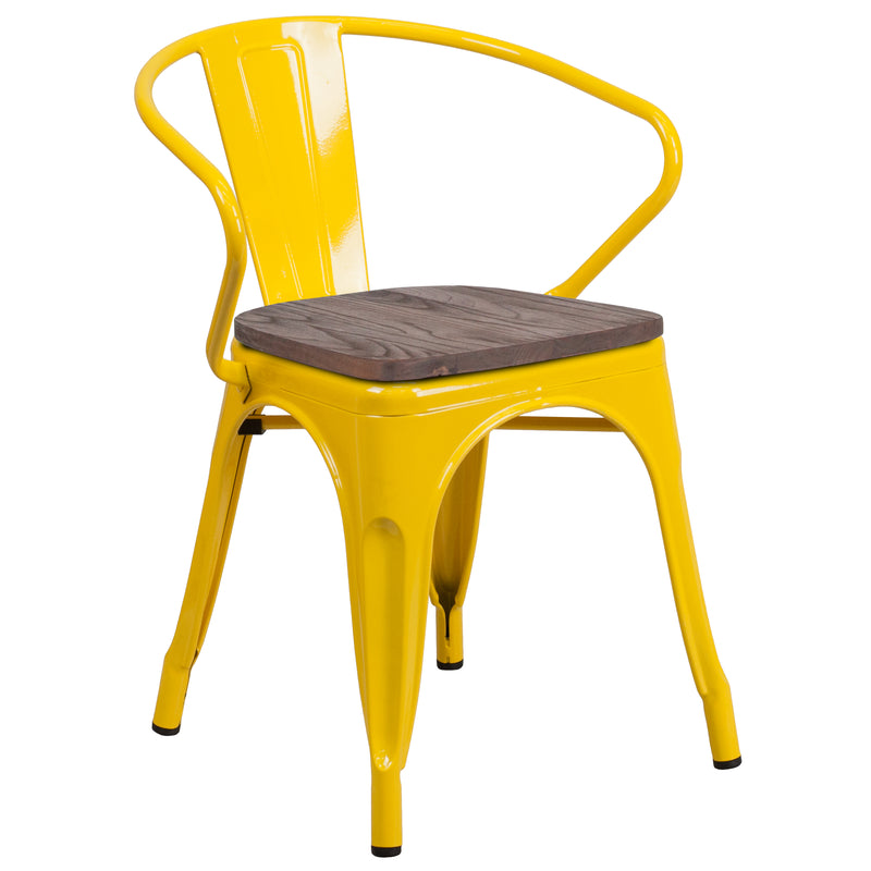 Yellow Metal Chair with Wood Seat and Arms