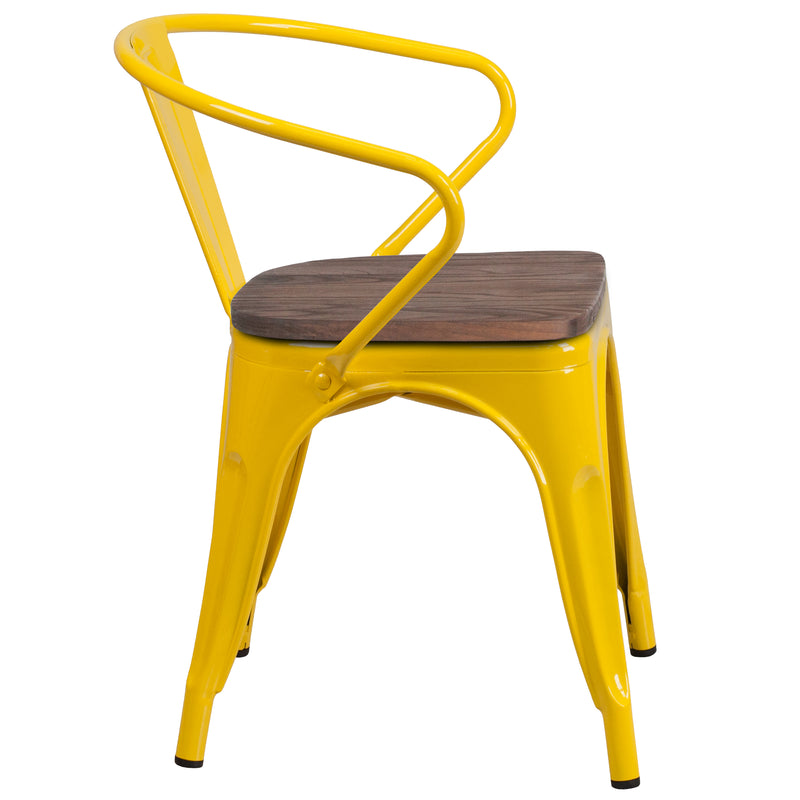 Yellow Metal Chair with Wood Seat and Arms