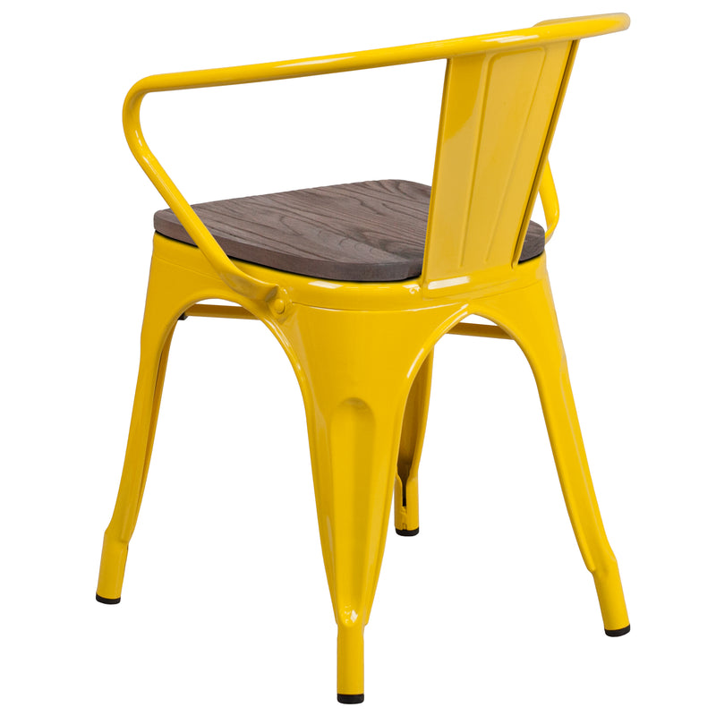 Yellow Metal Chair with Wood Seat and Arms