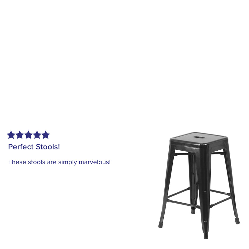 Commercial Grade 24" High Backless Black Metal Indoor-Outdoor Counter Height Stool with Square Seat