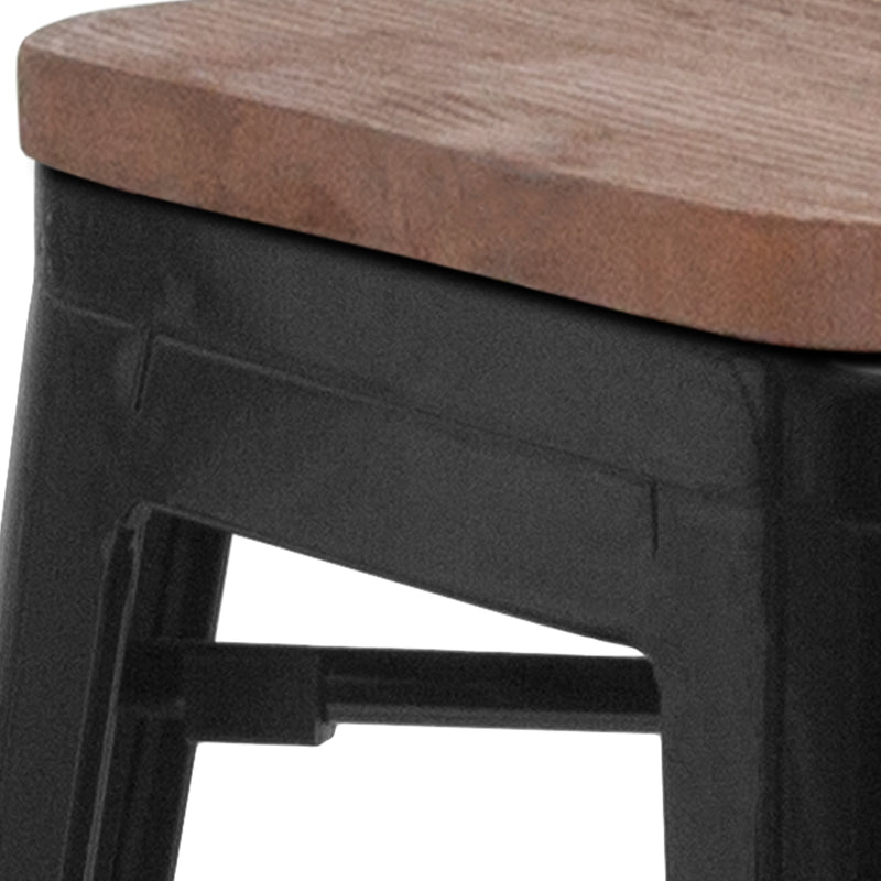 24" High Backless Black Metal Counter Height Stool with Square Wood Seat