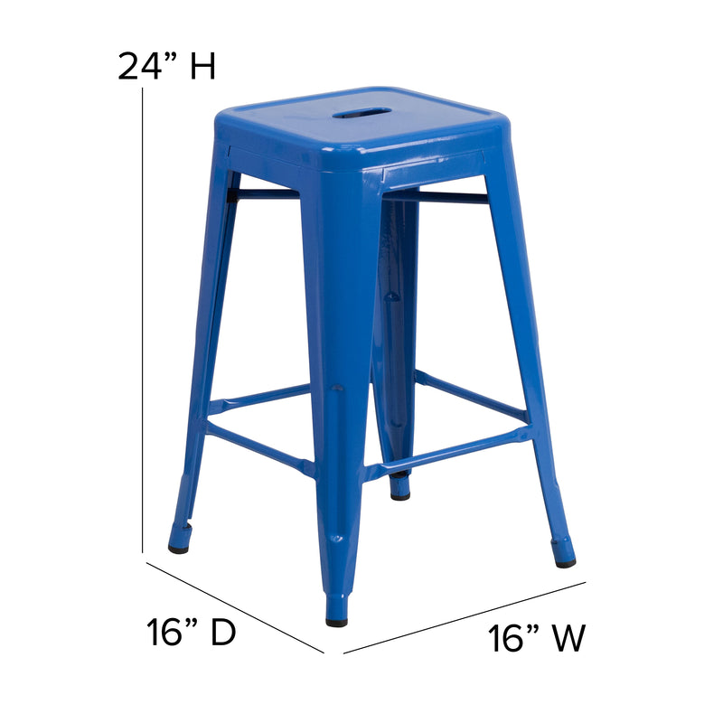 Commercial Grade 24" High Backless Blue Metal Indoor-Outdoor Counter Height Stool with Square Seat