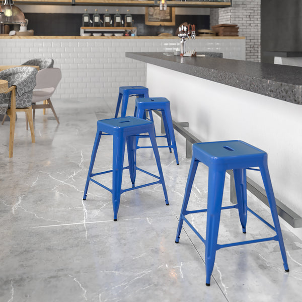 Commercial Grade 24" High Backless Blue Metal Indoor-Outdoor Counter Height Stool with Square Seat