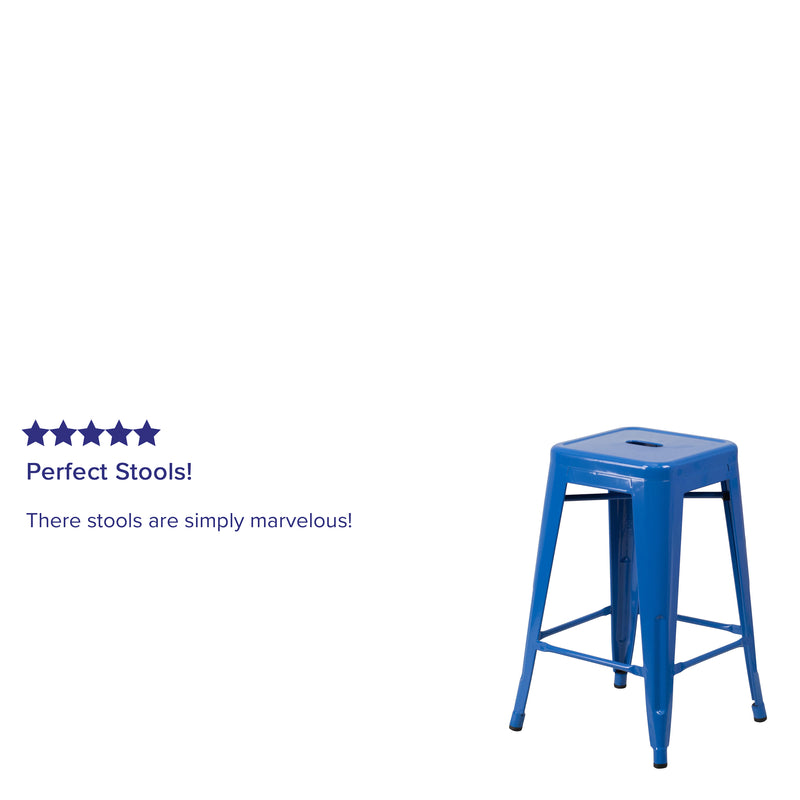 Commercial Grade 24" High Backless Blue Metal Indoor-Outdoor Counter Height Stool with Square Seat