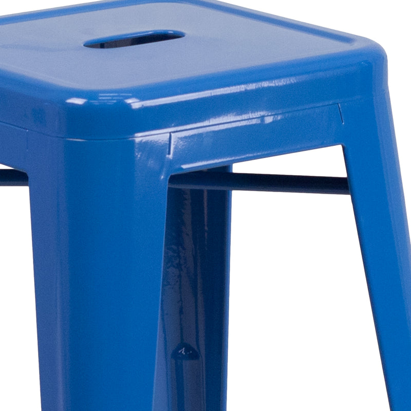 Commercial Grade 24" High Backless Blue Metal Indoor-Outdoor Counter Height Stool with Square Seat