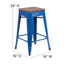 24" High Backless Blue Metal Counter Height Stool with Square Wood Seat