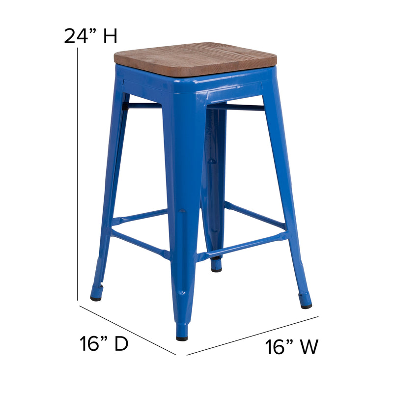 24" High Backless Blue Metal Counter Height Stool with Square Wood Seat