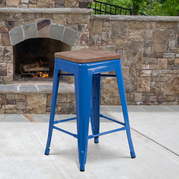 24" High Backless Blue Metal Counter Height Stool with Square Wood Seat