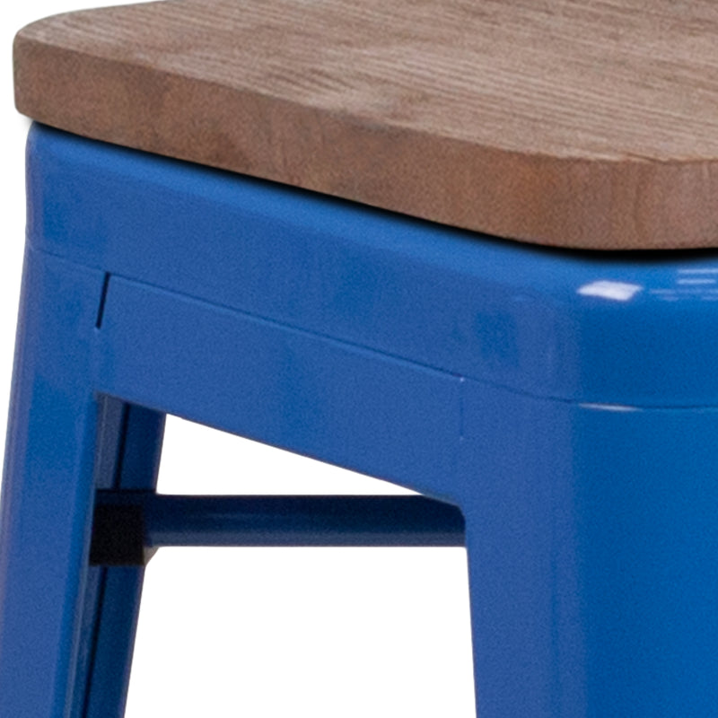 24" High Backless Blue Metal Counter Height Stool with Square Wood Seat