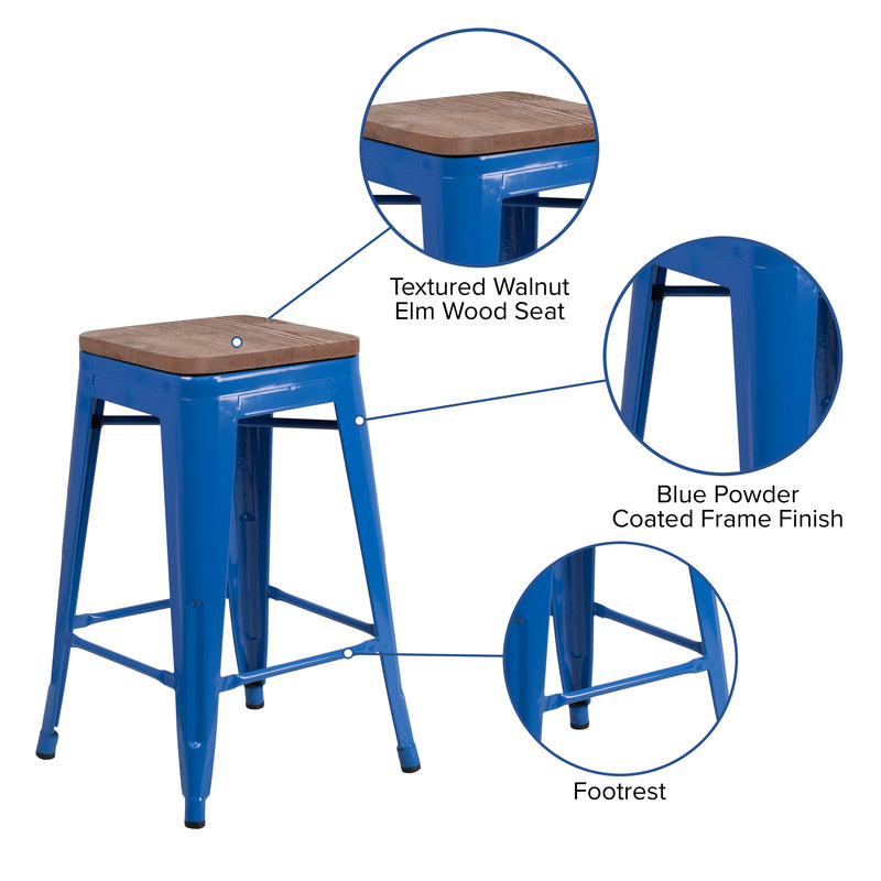 24" High Backless Blue Metal Counter Height Stool with Square Wood Seat