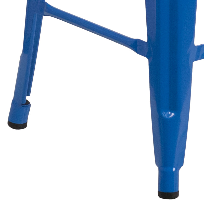 24" High Backless Blue Metal Counter Height Stool with Square Wood Seat