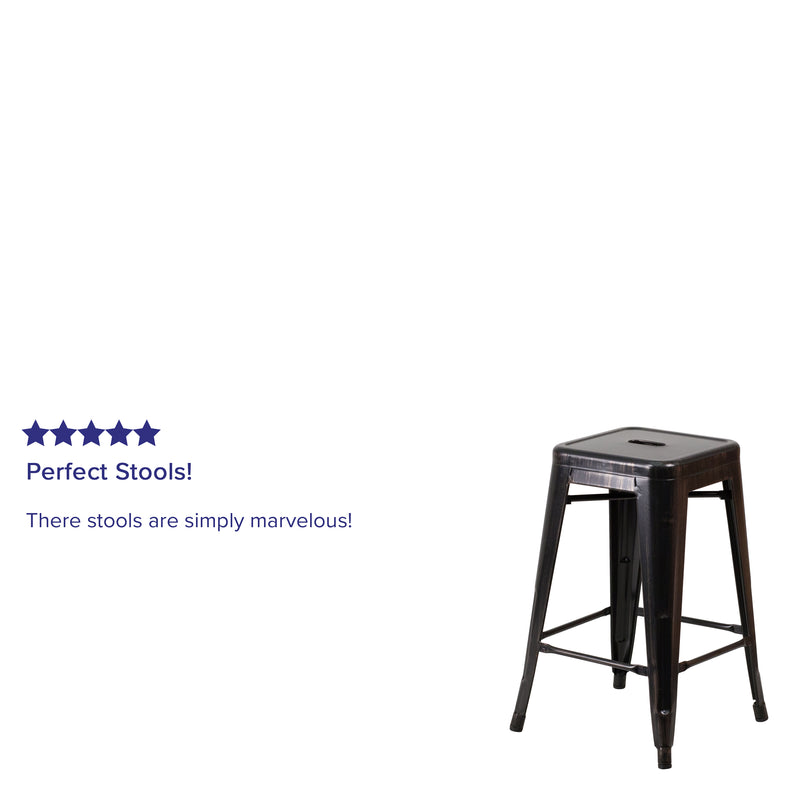 Commercial Grade 24" High Backless Black-Antique Gold Metal Indoor-Outdoor Counter Height Stool with Square Seat