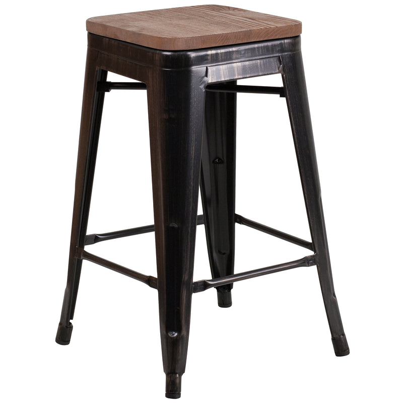 24" High Backless Black-Antique Gold Metal Counter Height Stool with Square Wood Seat