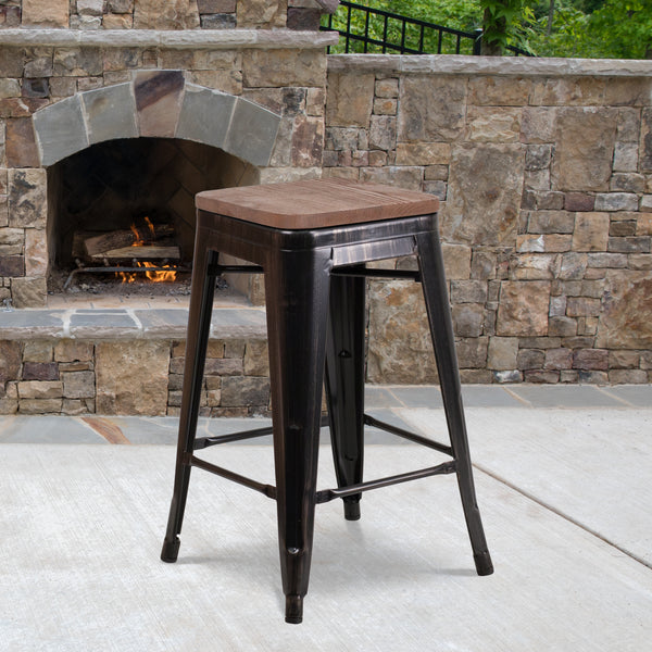 24" High Backless Black-Antique Gold Metal Counter Height Stool with Square Wood Seat