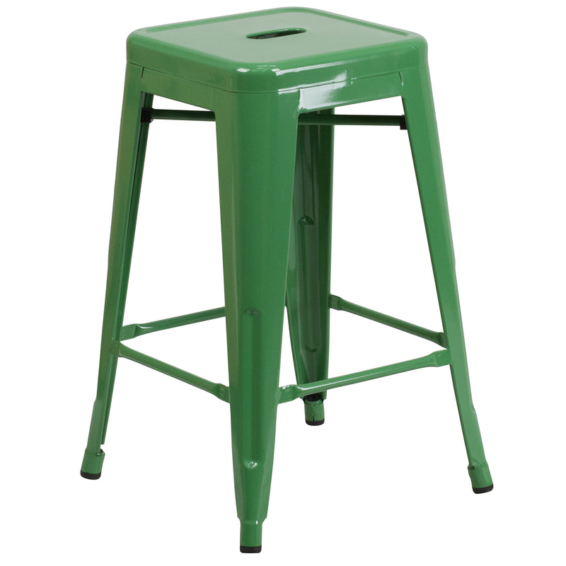 Commercial Grade 24" High Backless Green Metal Indoor-Outdoor Counter Height Stool with Square Seat