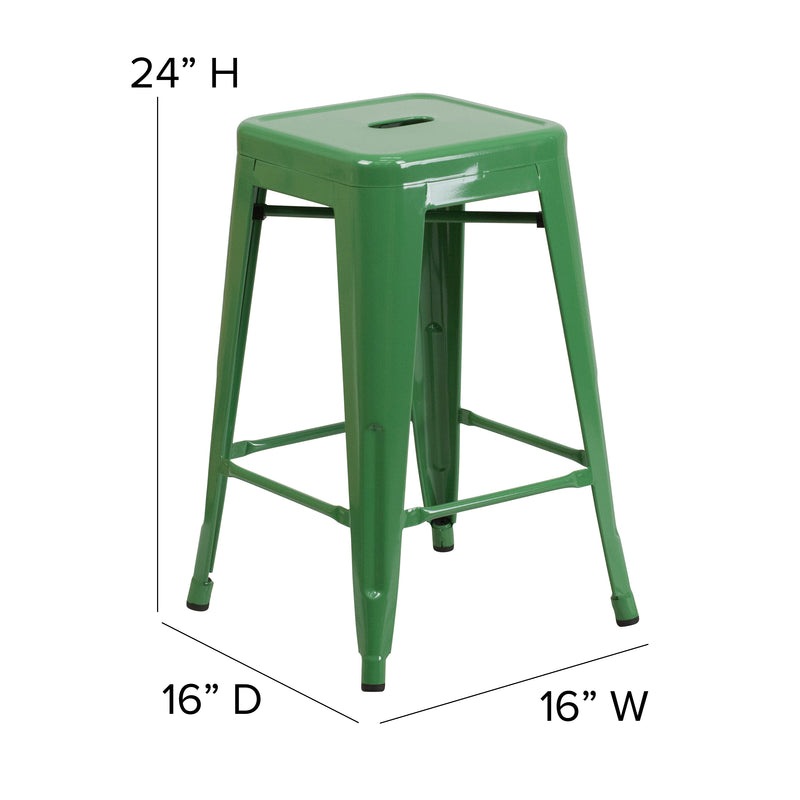 Commercial Grade 24" High Backless Green Metal Indoor-Outdoor Counter Height Stool with Square Seat