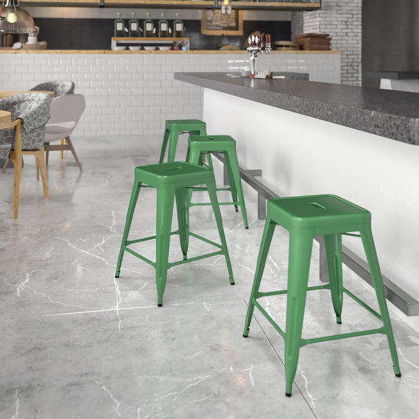 Commercial Grade 24" High Backless Green Metal Indoor-Outdoor Counter Height Stool with Square Seat