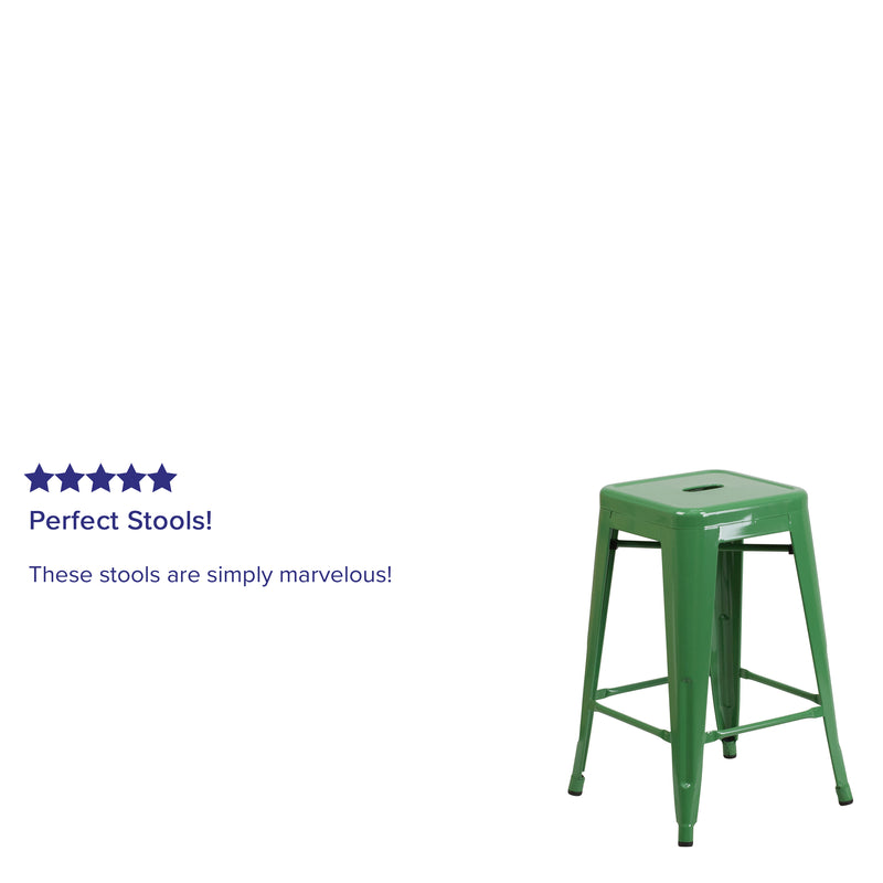 Commercial Grade 24" High Backless Green Metal Indoor-Outdoor Counter Height Stool with Square Seat