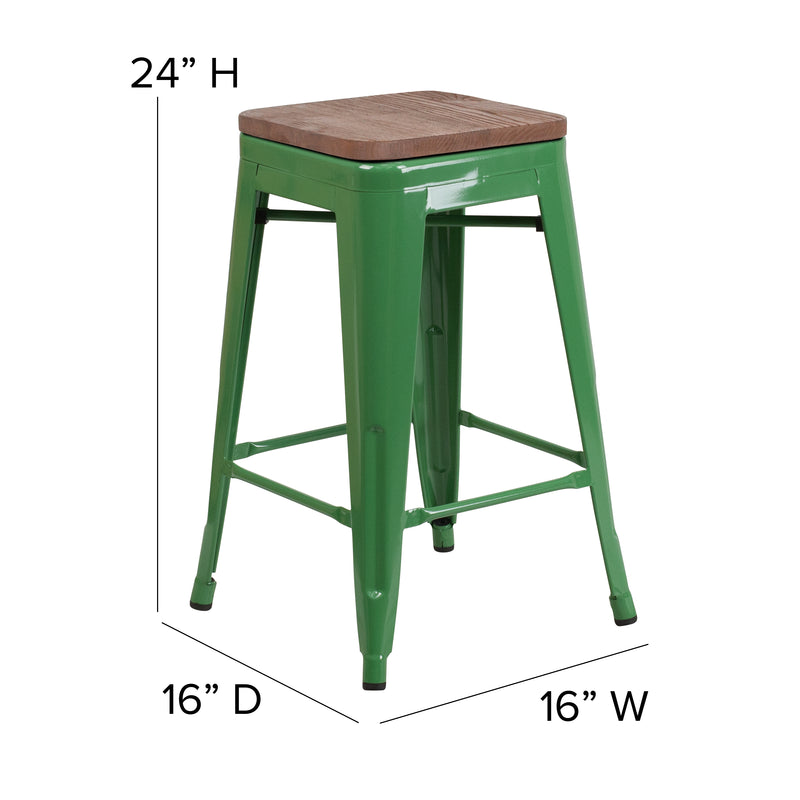 24" High Backless Green Metal Counter Height Stool with Square Wood Seat