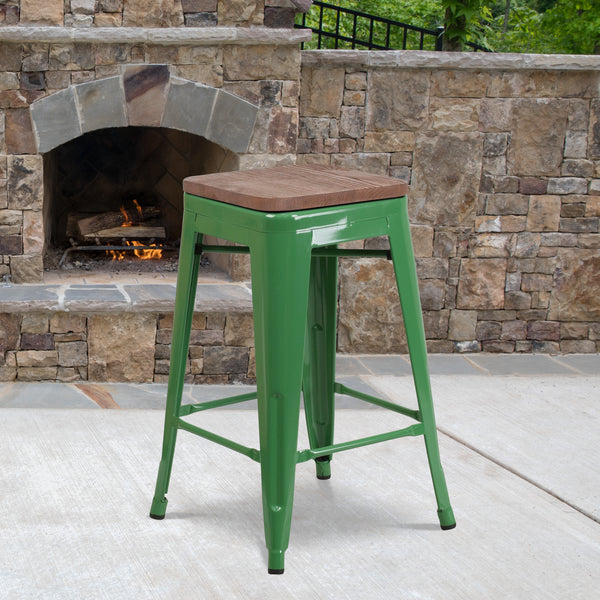 24" High Backless Green Metal Counter Height Stool with Square Wood Seat