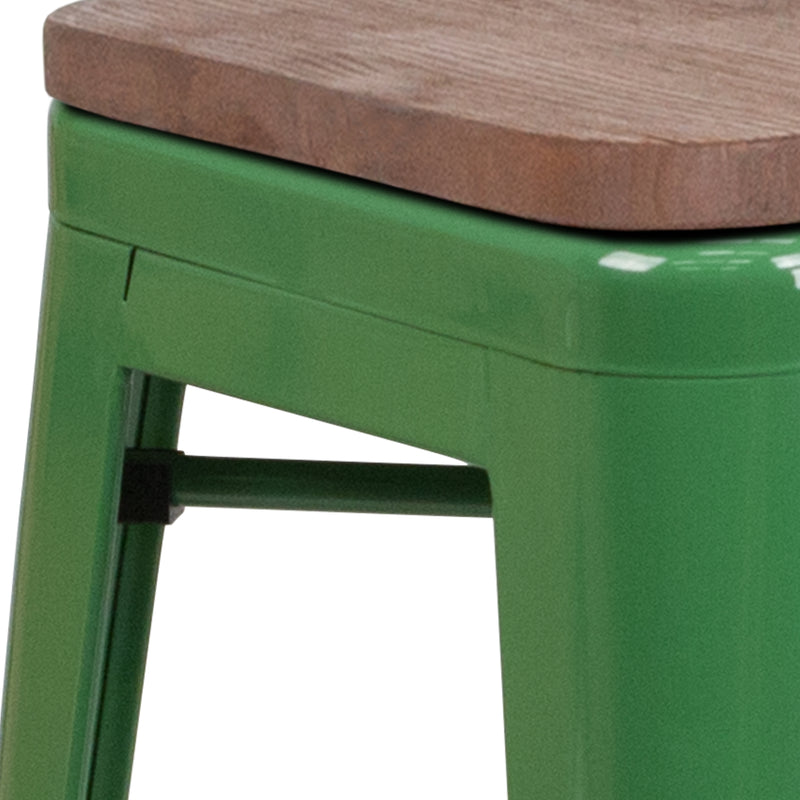 24" High Backless Green Metal Counter Height Stool with Square Wood Seat