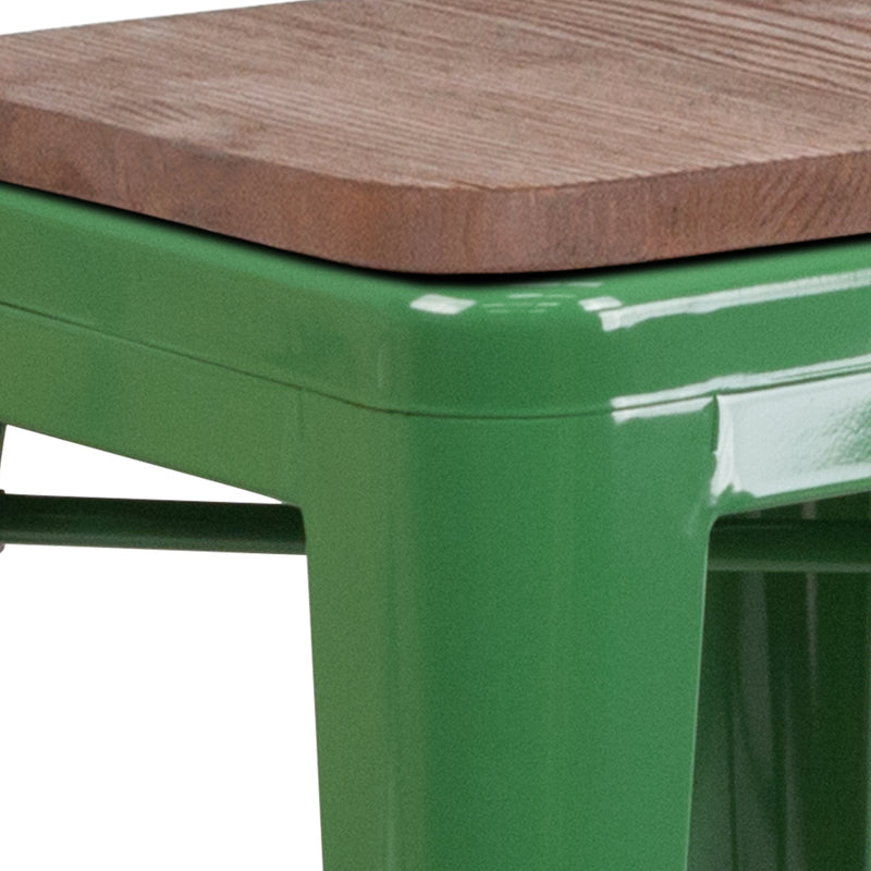 24" High Backless Green Metal Counter Height Stool with Square Wood Seat