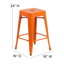 Commercial Grade 24" High Backless Orange Metal Indoor-Outdoor Counter Height Stool with Square Seat