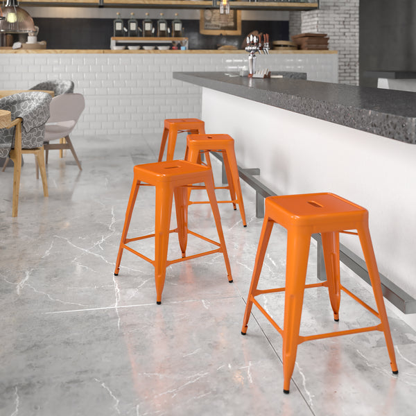 Commercial Grade 24" High Backless Orange Metal Indoor-Outdoor Counter Height Stool with Square Seat