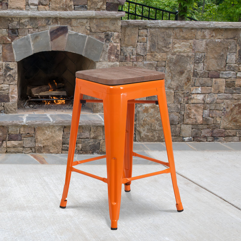 24" High Backless Orange Metal Counter Height Stool with Square Wood Seat