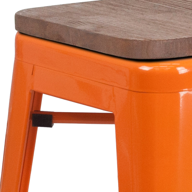 24" High Backless Orange Metal Counter Height Stool with Square Wood Seat