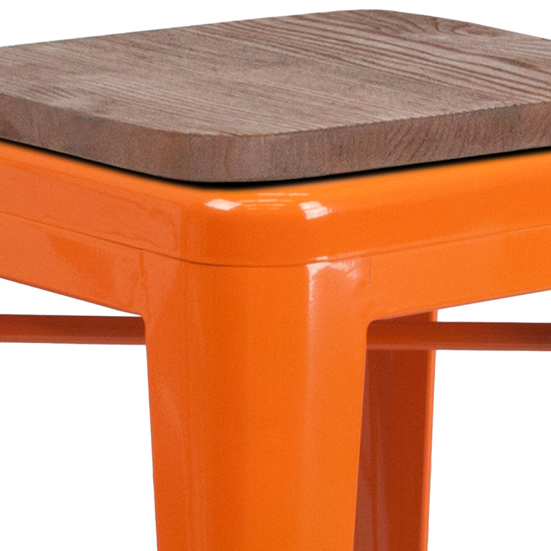 24" High Backless Orange Metal Counter Height Stool with Square Wood Seat