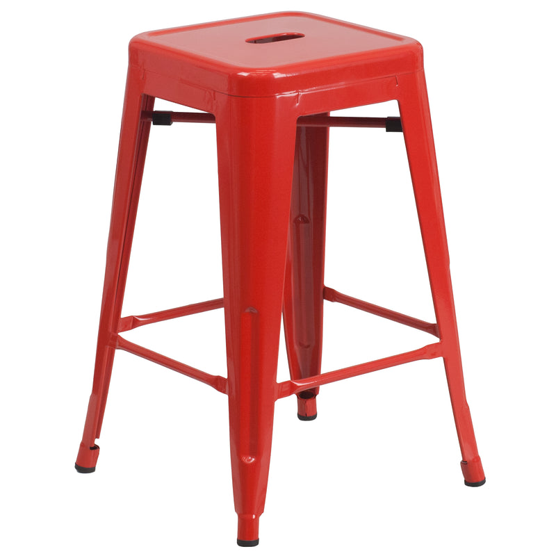 Commercial Grade 24" High Backless Red Metal Indoor-Outdoor Counter Height Stool with Square Seat