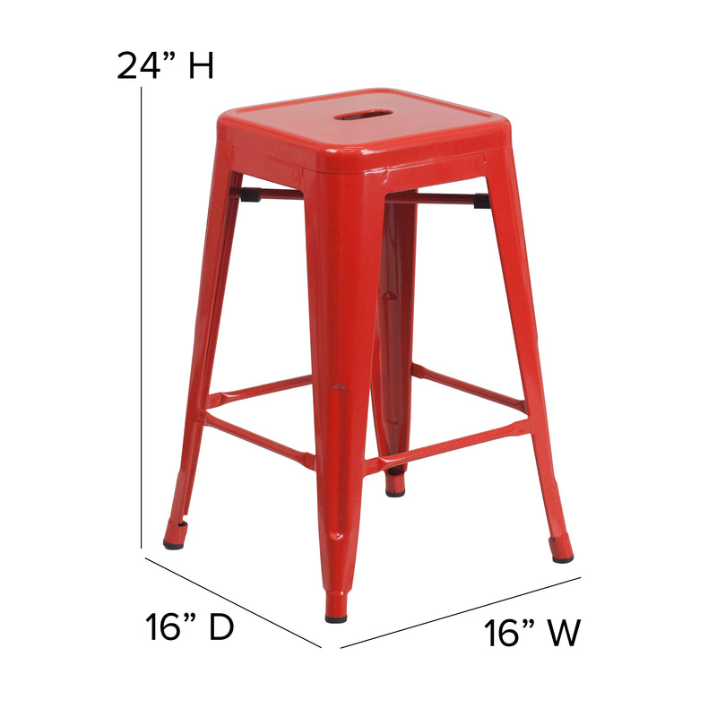 Commercial Grade 24" High Backless Red Metal Indoor-Outdoor Counter Height Stool with Square Seat