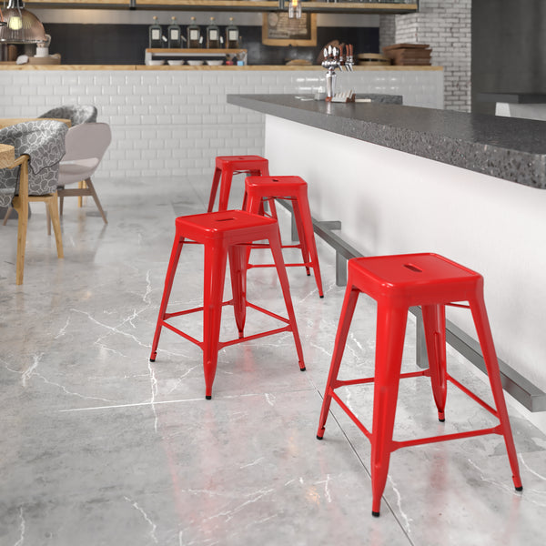 Commercial Grade 24" High Backless Red Metal Indoor-Outdoor Counter Height Stool with Square Seat