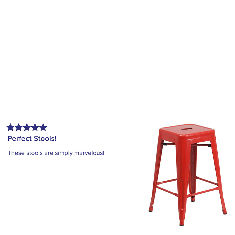 Commercial Grade 24" High Backless Red Metal Indoor-Outdoor Counter Height Stool with Square Seat