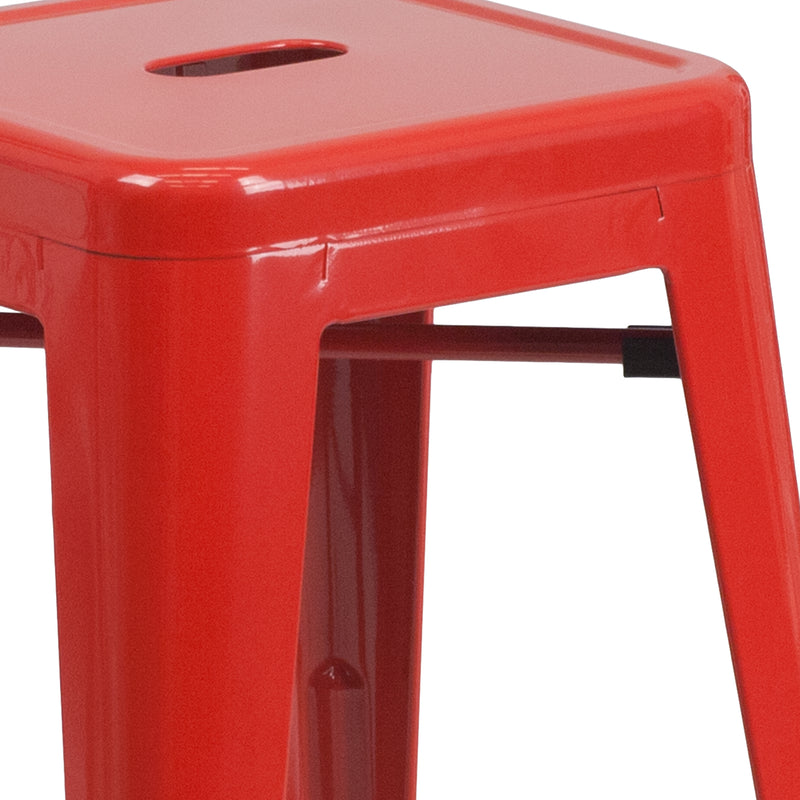 Commercial Grade 24" High Backless Red Metal Indoor-Outdoor Counter Height Stool with Square Seat