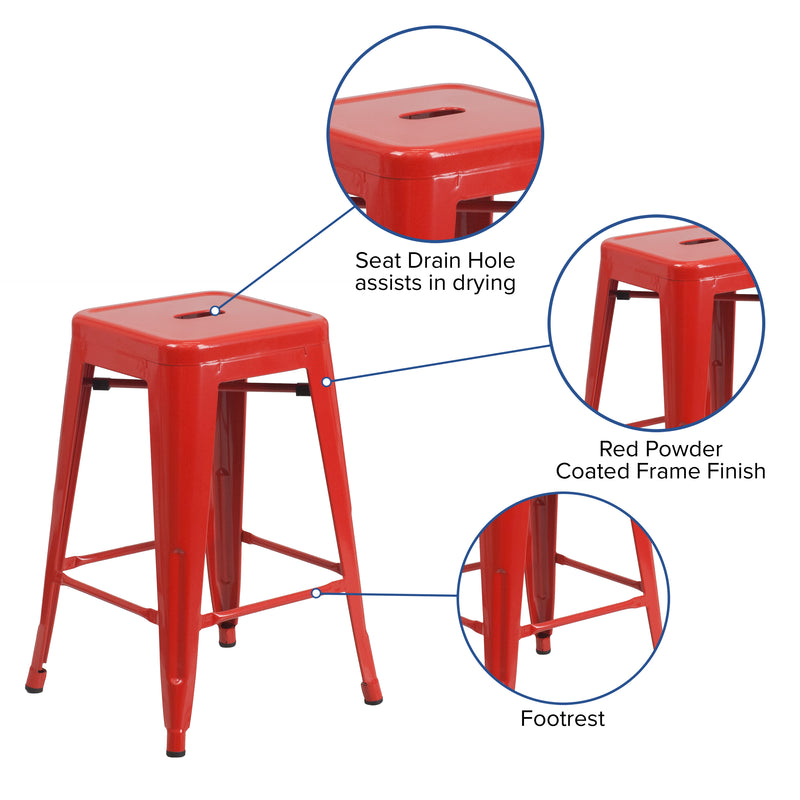 Commercial Grade 24" High Backless Red Metal Indoor-Outdoor Counter Height Stool with Square Seat