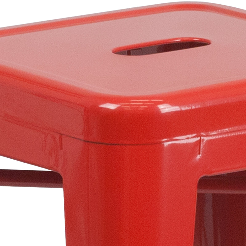 Commercial Grade 24" High Backless Red Metal Indoor-Outdoor Counter Height Stool with Square Seat