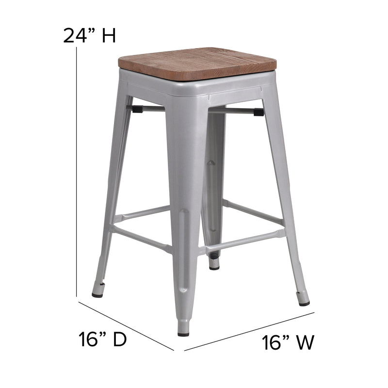 Commercial Grade 24" High Backless Silver Metal Indoor-Outdoor Counter Height Stool with Square Seat