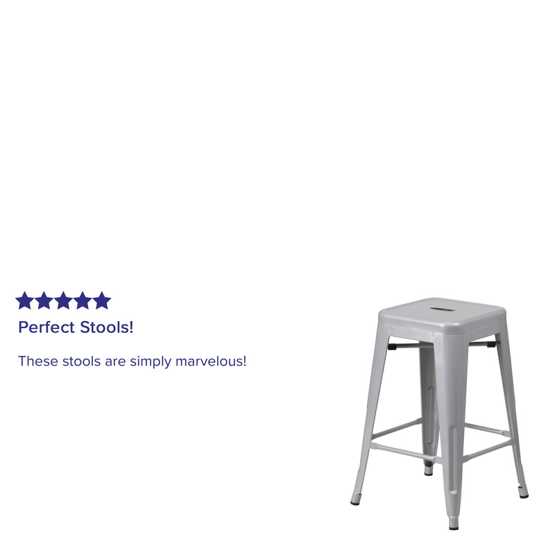 Commercial Grade 24" High Backless Silver Metal Indoor-Outdoor Counter Height Stool with Square Seat