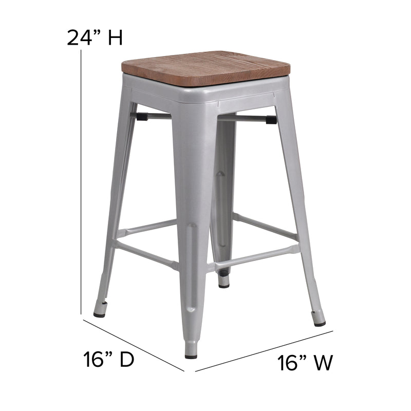 24" High Backless Silver Metal Counter Height Stool with Square Wood Seat