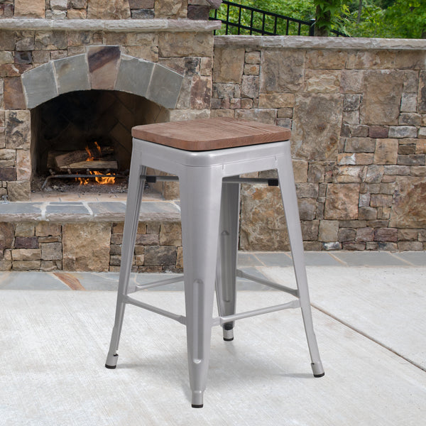 24" High Backless Silver Metal Counter Height Stool with Square Wood Seat