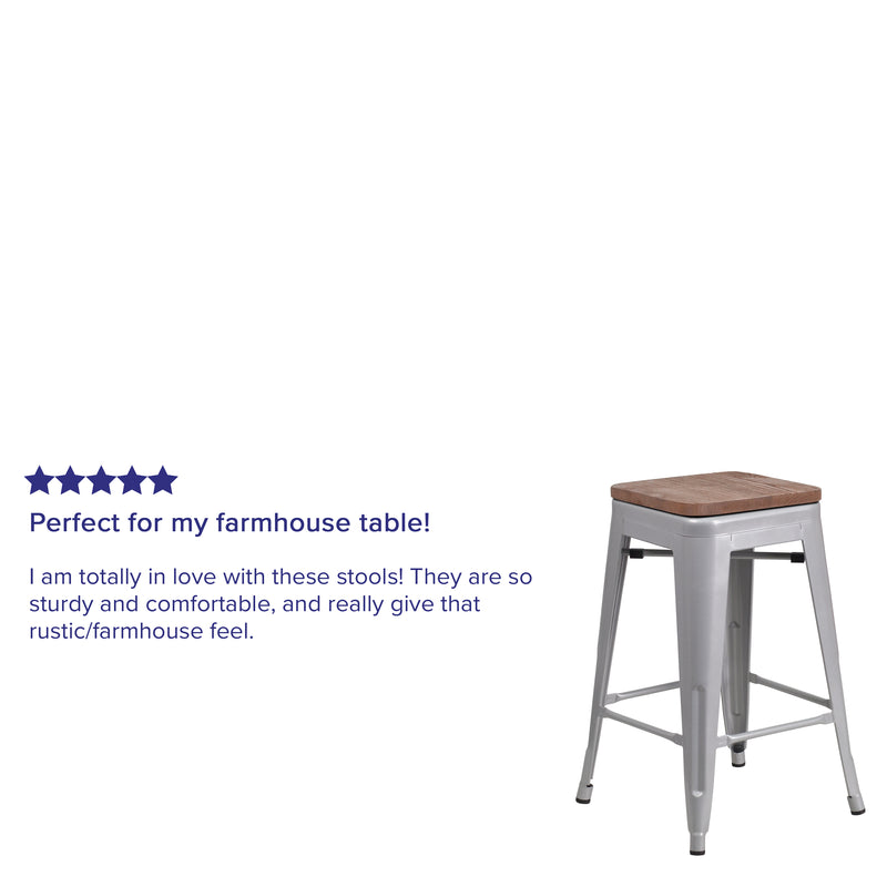 24" High Backless Silver Metal Counter Height Stool with Square Wood Seat